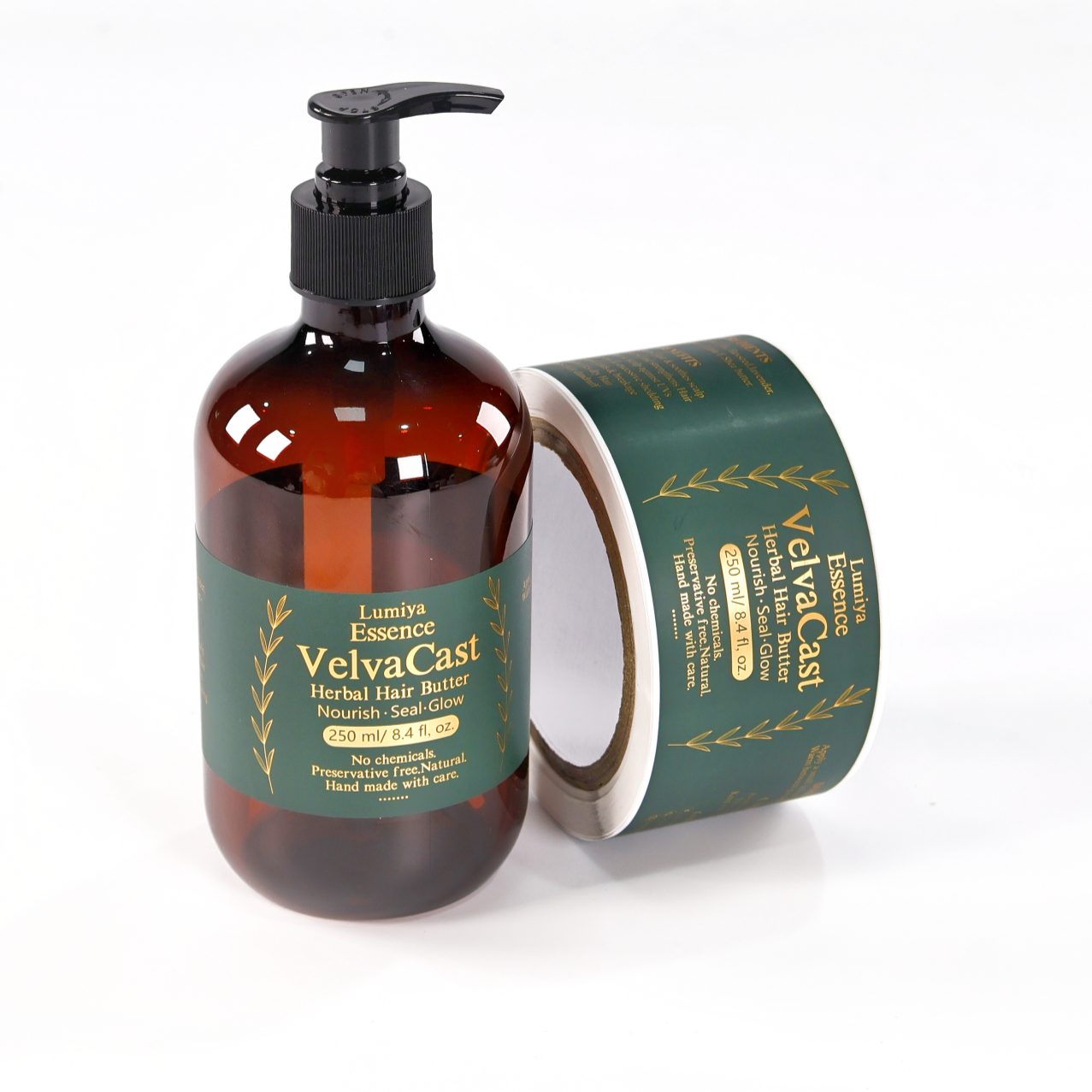 Two hair care products with silver BOPP metallic labels