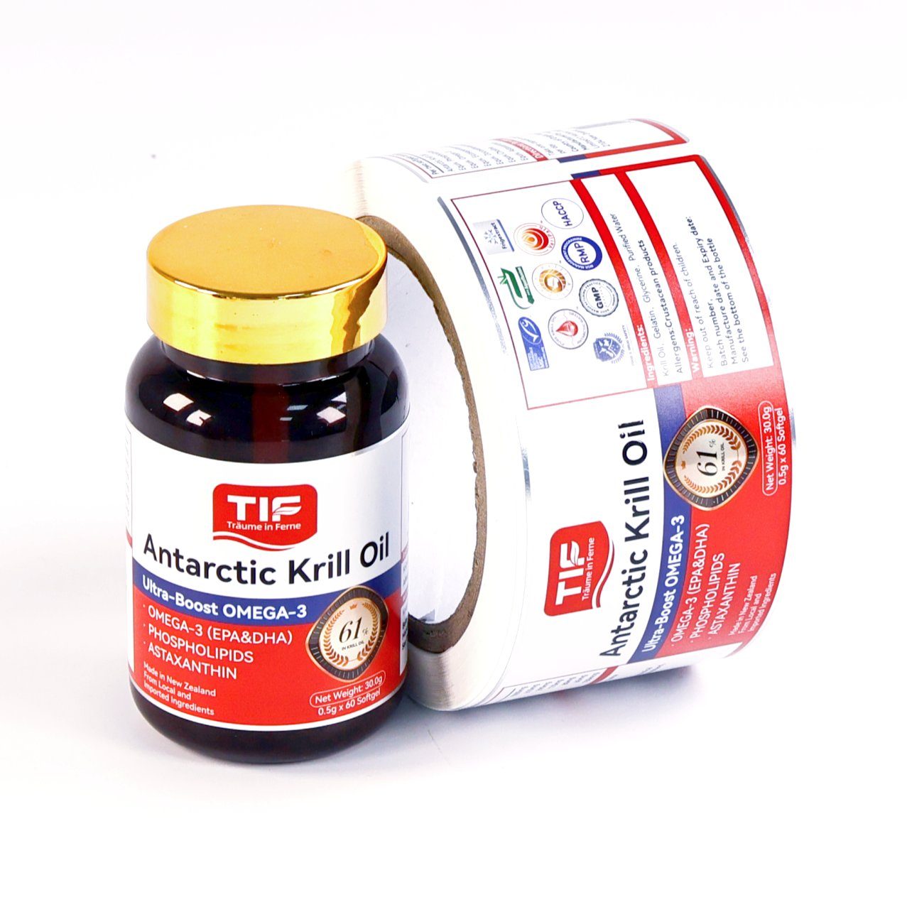 Antarctic Krill Oil supplement label on bottle with roll stock