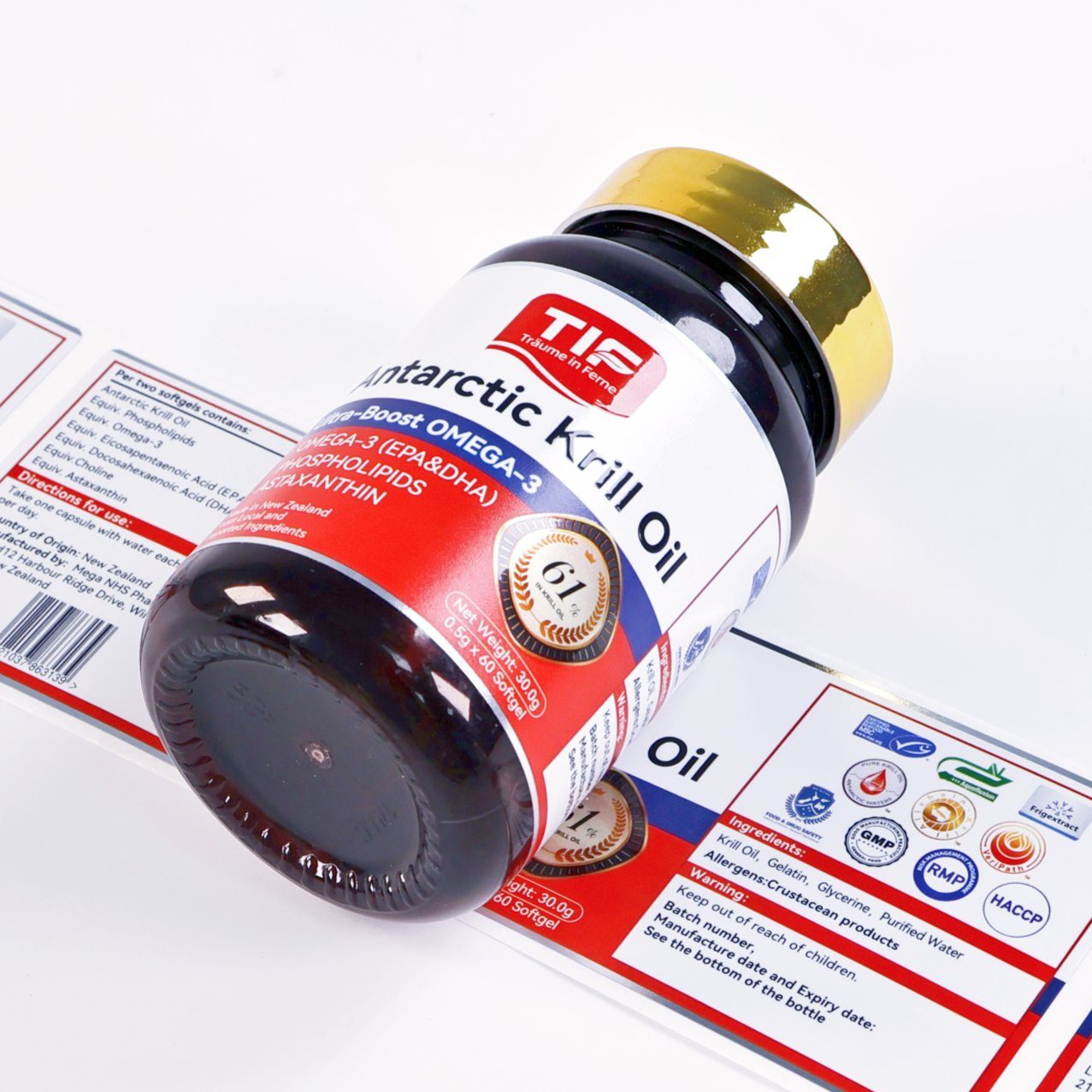 Angled view of supplement bottle showing full label design