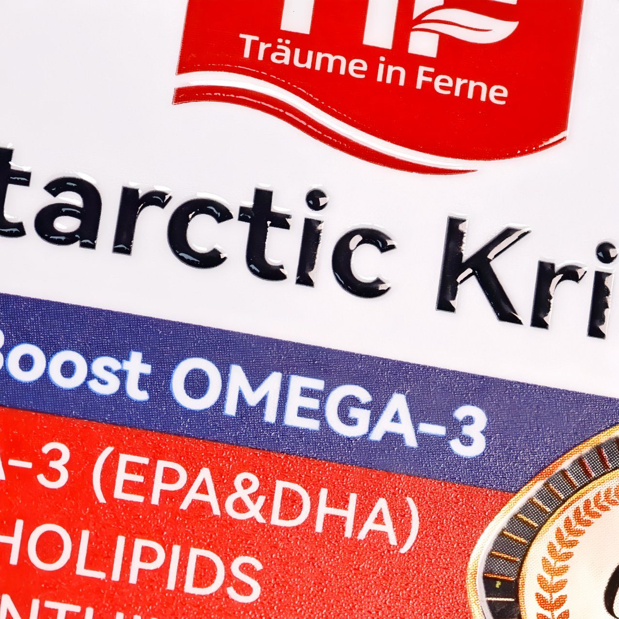 Close-up of spot UV screen-printed text on supplement label