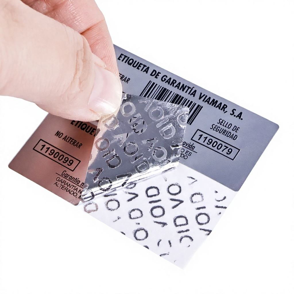 VOID tamper-evident label peeled showing VOID pattern