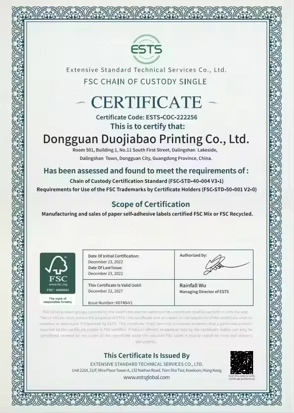 FSC Chain of Custody Certificate - ESTS-COC-222256