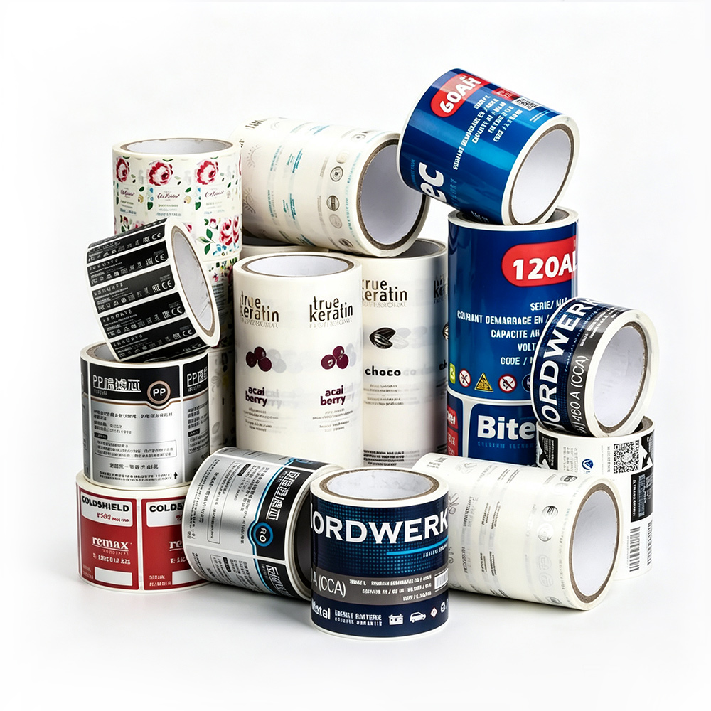 DJB Print label products showcase - various adhesive label rolls for wine, cosmetics, food, industrial