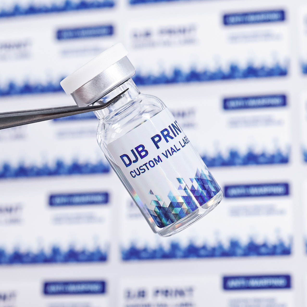 Blue holographic peptide vial label on glass vial