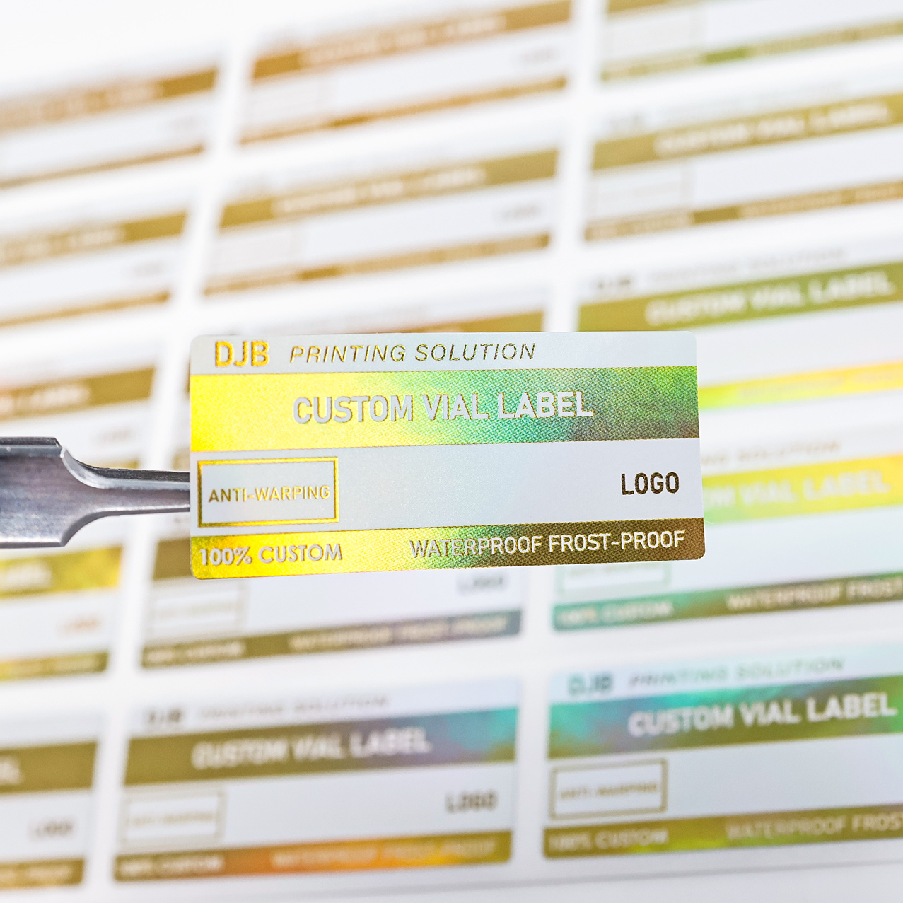 Gold holographic peptide vial labels on sheet