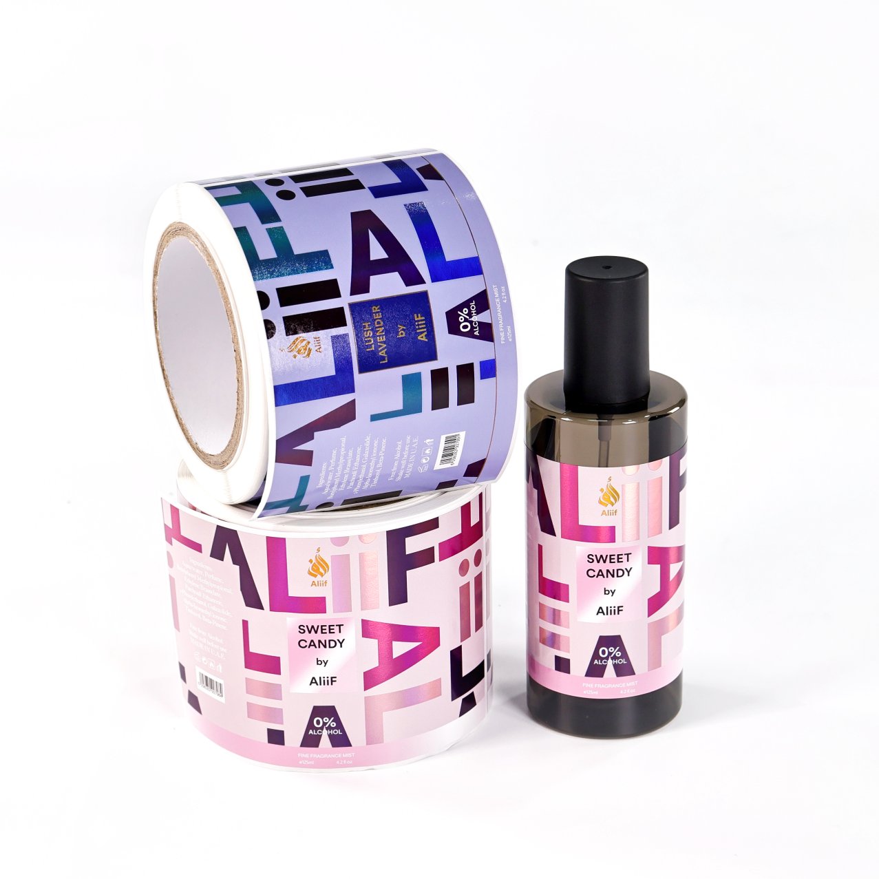 Peeling a holographic perfume label from liner