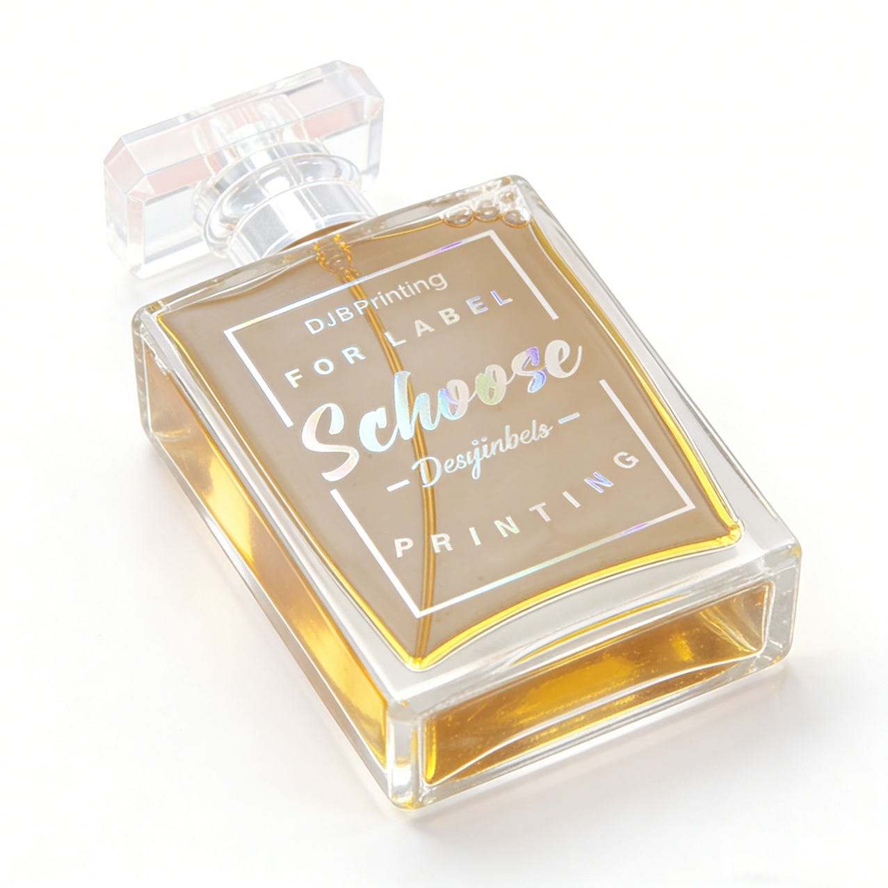 Custom holographic perfume bottle label with gold edge - DJB Print sample