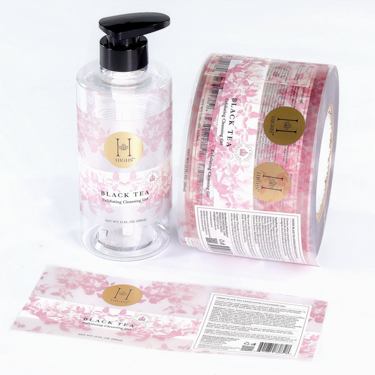 Clear PET label roll next to cleanser bottle