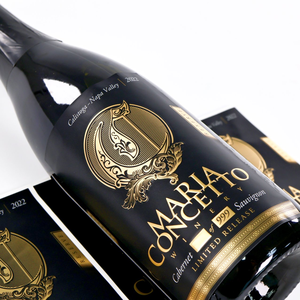 Wine bottle with embossed label detail