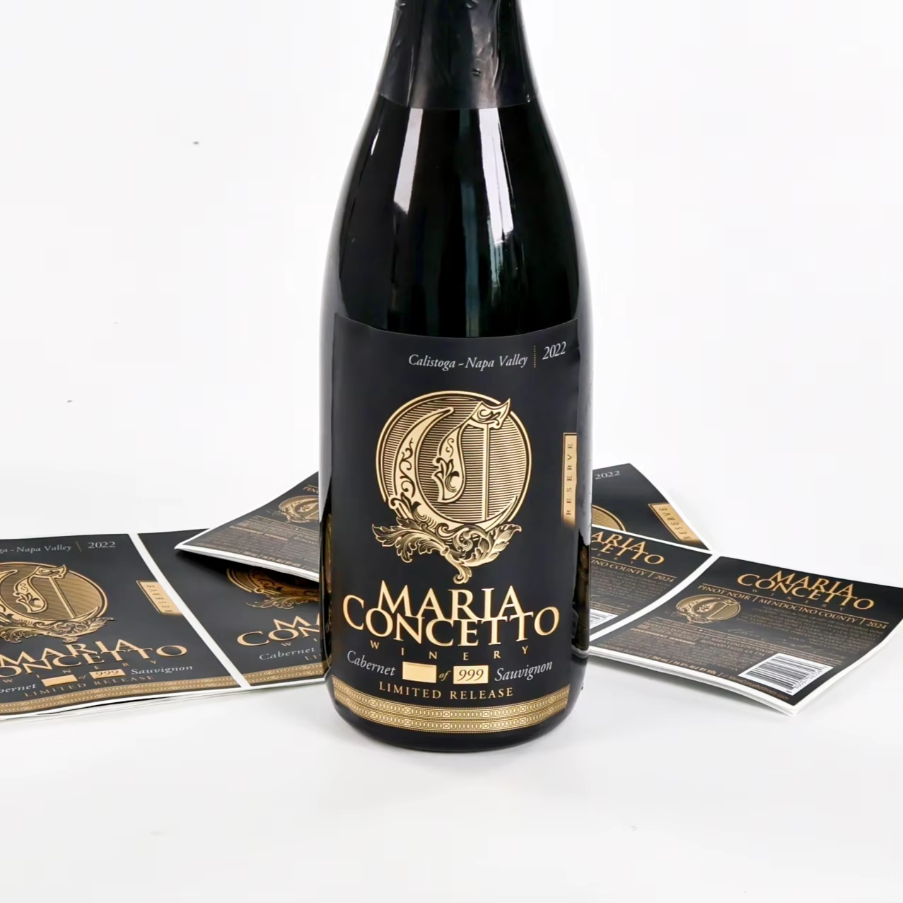 Foil stamped and embossed wine label on bottle