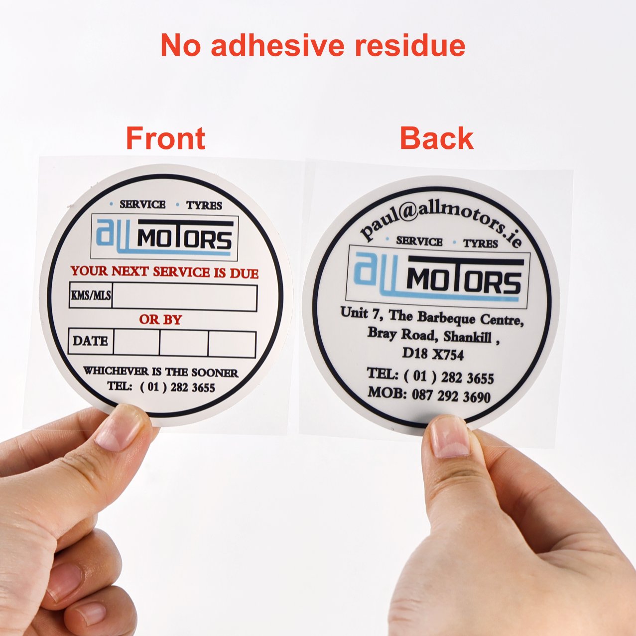 Round service reminder sticker shown front and back, leaves no adhesive residue when peeled
