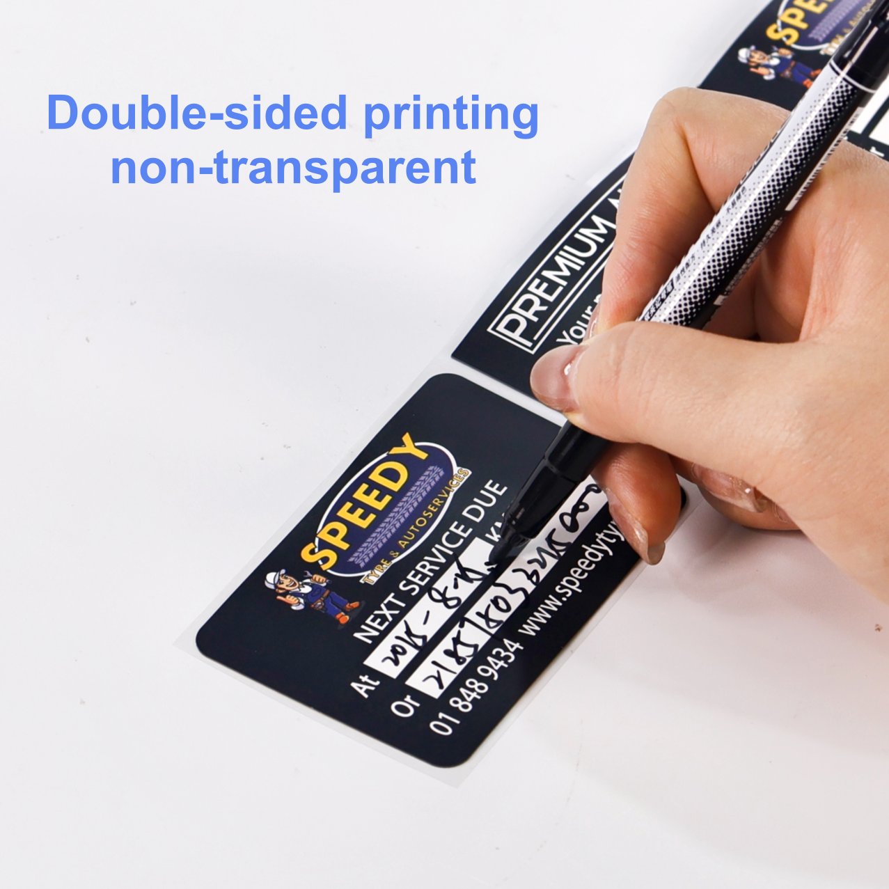 Rectangular auto-service reminder sticker, writable service info on the front