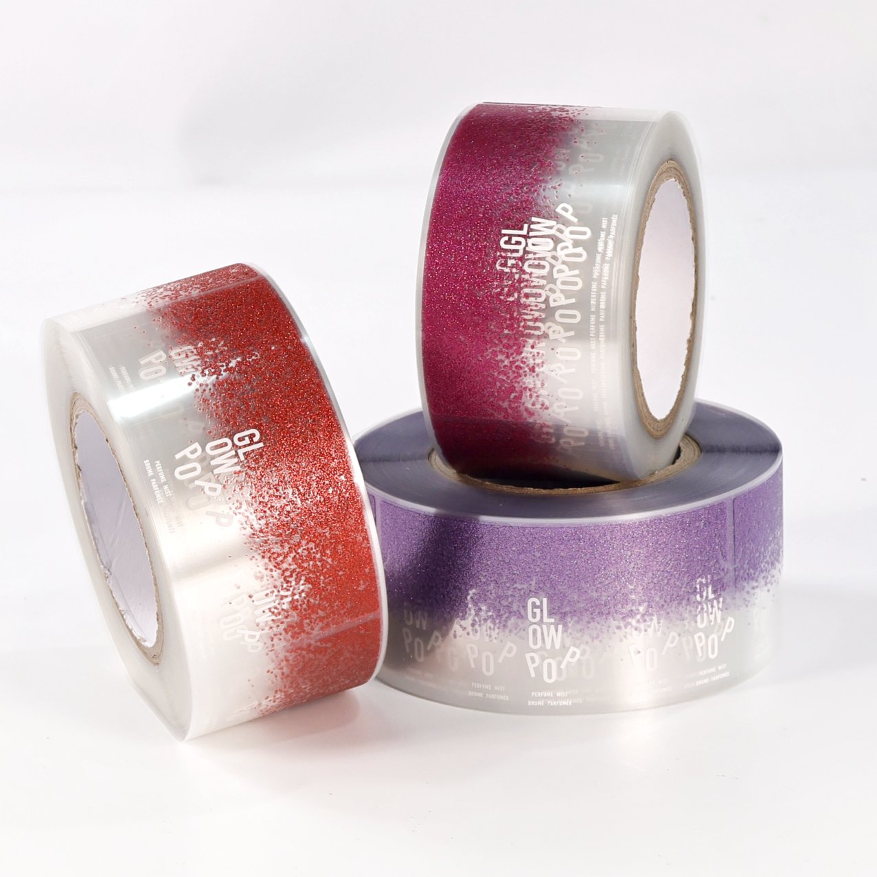 Glitter label rolls in red, magenta, silver and purple