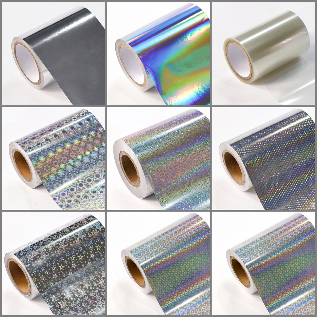 Nine rolls of holographic and laser label film — silver, rainbow, transparent, dot-matrix, fine glitter, star and square-grid patterns
