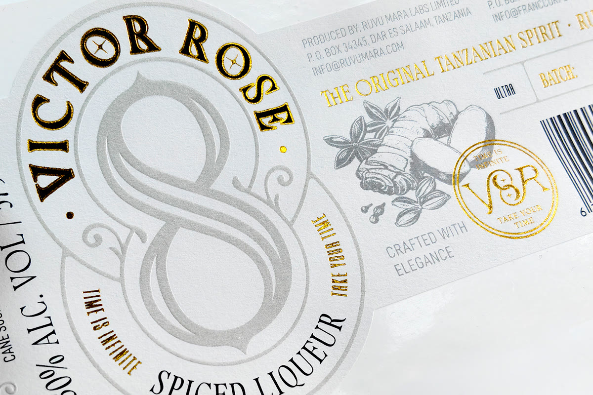 Ice bucket paper sample label: white textured stock with gold and black foil
