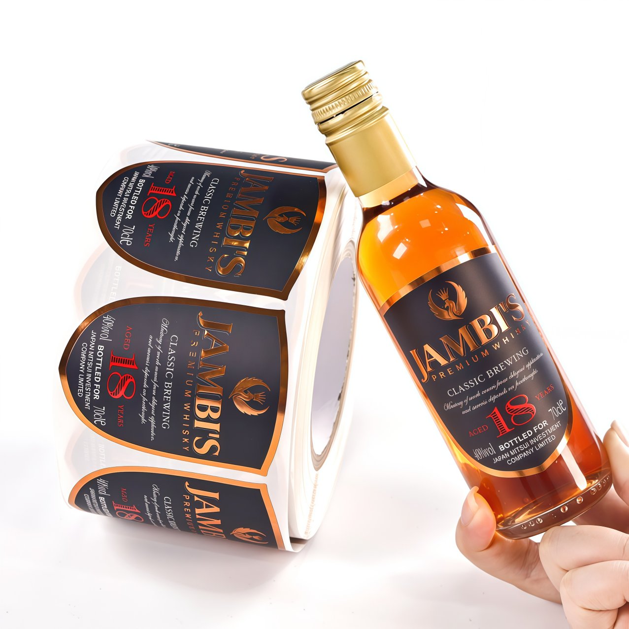 Premium whisky bottle with a gold foiled label next to a roll of the same labels
